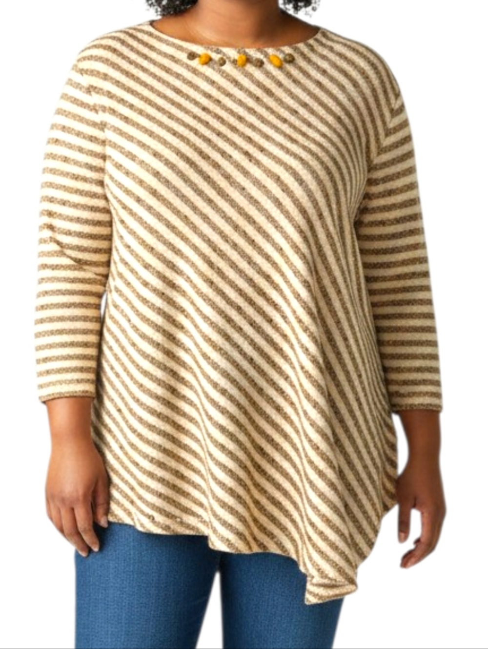 Alfred Dunner Gold Metallic Stripe Beaded 3/4 Sleeve Asymmetrical